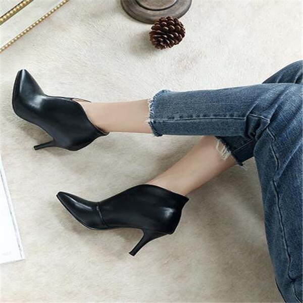 Fashion Pointed Solid Color Leather Ankle Boots