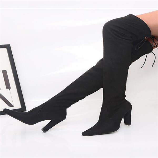 Plain  Chunky  High Heeled  Velvet  Point Toe  Date High Heels Boots