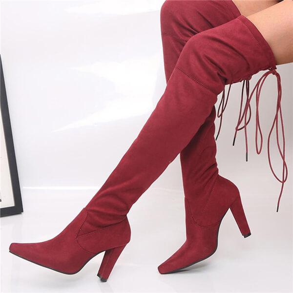 Plain  Chunky  High Heeled  Velvet  Point Toe  Date High Heels Boots