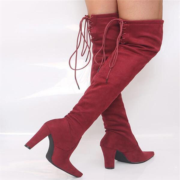 Plain  Chunky  High Heeled  Velvet  Point Toe  Date High Heels Boots