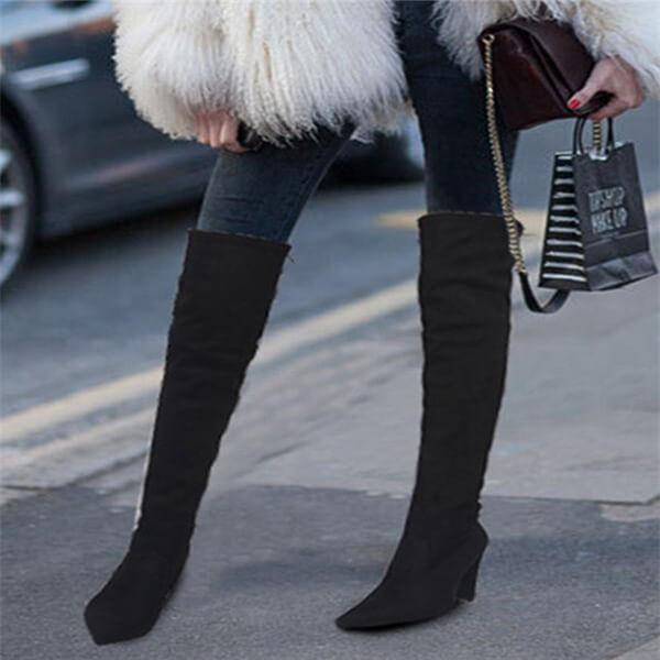 Plain  Chunky  High Heeled  Velvet  Point Toe  Date High Heels Boots