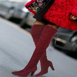 Plain  Chunky  High Heeled  Velvet  Point Toe  Date High Heels Boots