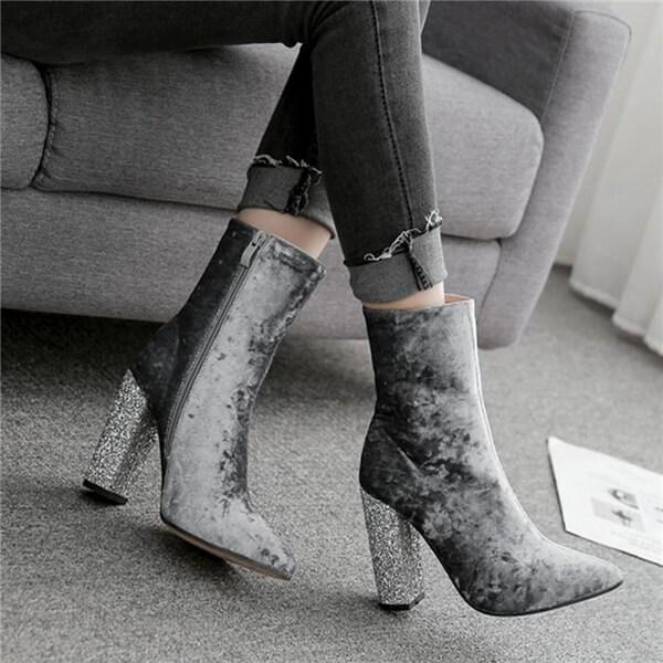 Fashion Sequined Gold Velvet High Heel Booties