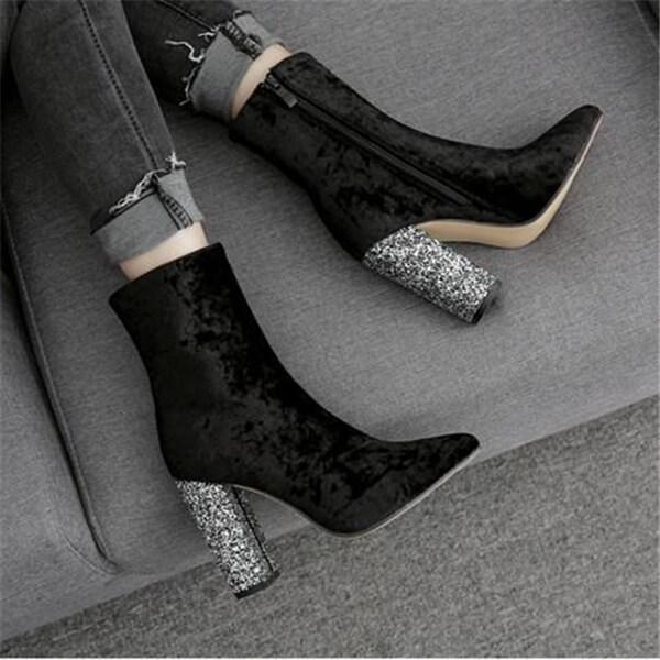 Fashion Sequined Gold Velvet High Heel Booties