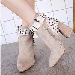 Belt Buckle Studded Suede Chunky Heel Boots