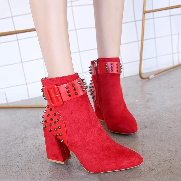 Belt Buckle Studded Suede Chunky Heel Boots