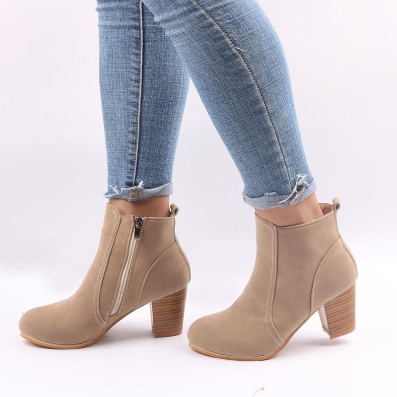 Large Size Chunky Heel Side Zipper Ankle Boots