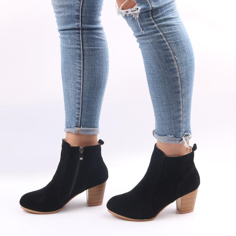 Large Size Chunky Heel Side Zipper Ankle Boots