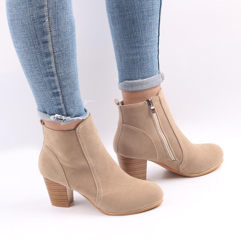 Large Size Chunky Heel Side Zipper Ankle Boots