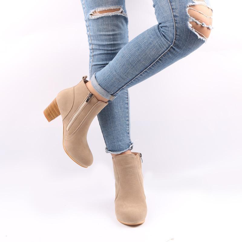 Large Size Chunky Heel Side Zipper Ankle Boots