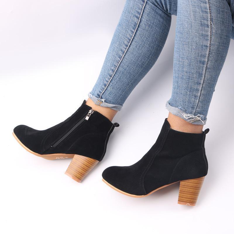 Large Size Chunky Heel Side Zipper Ankle Boots