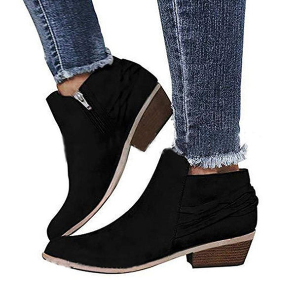 Plain  Chunky  Low Heeled  Velvet  Round Toe  Casual Date Ankle Boots