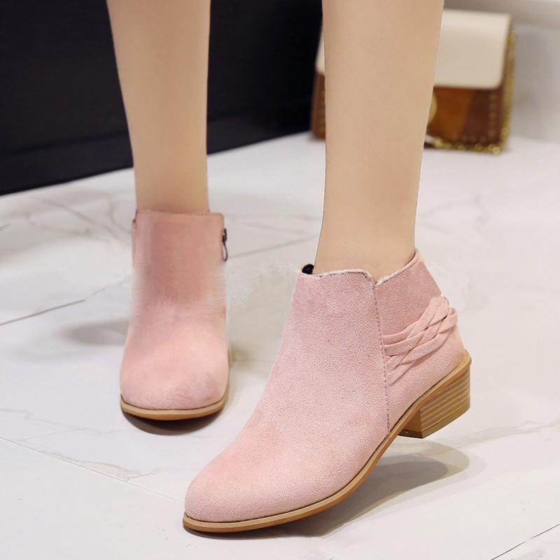 Plain  Chunky  Low Heeled  Velvet  Round Toe  Casual Date Ankle Boots