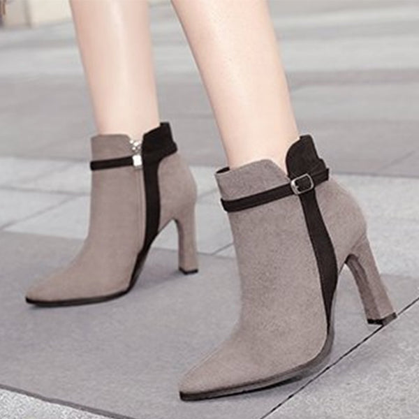 Color Block  Chunky  High Heeled  Velvet  Point Toe  Date Outdoor High Heels Boots