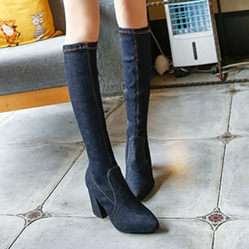 Plain  Chunky  High Heeled  Point Toe  Date Outdoor High Heels Boots