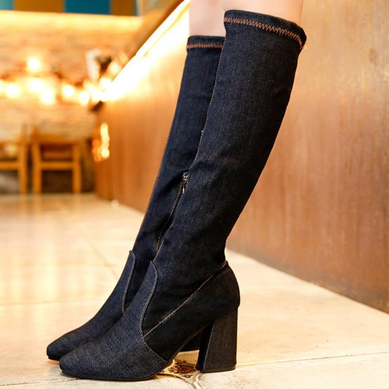 Plain  Chunky  High Heeled  Point Toe  Date Outdoor High Heels Boots