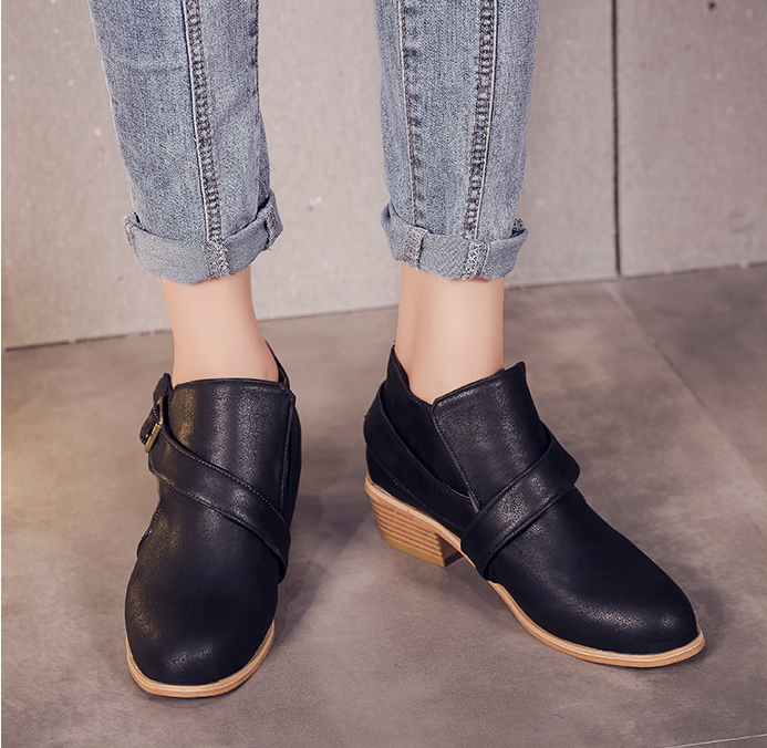 Metal Buckle Round Head With Thick Ankle Boots