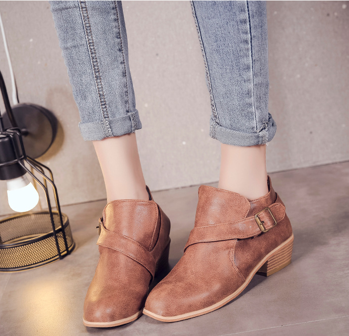 Metal Buckle Round Head With Thick Ankle Boots