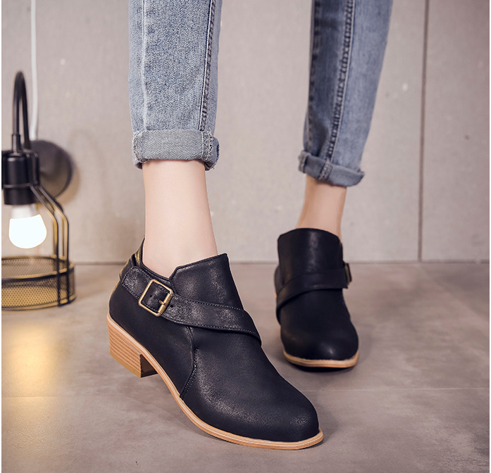 Metal Buckle Round Head With Thick Ankle Boots