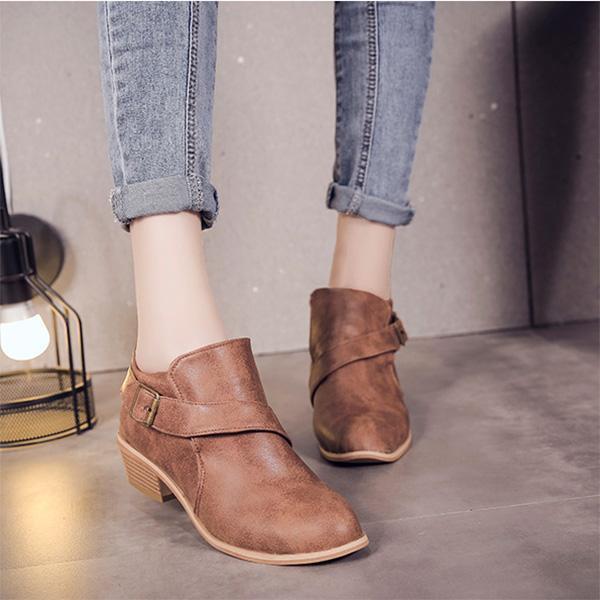 Metal Buckle Round Head With Thick Ankle Boots