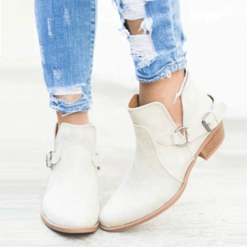 Women Point Toe Belt Buckle Chunky Heel Boots