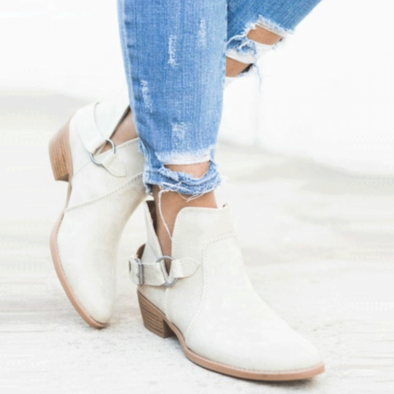 Women Point Toe Belt Buckle Chunky Heel Boots