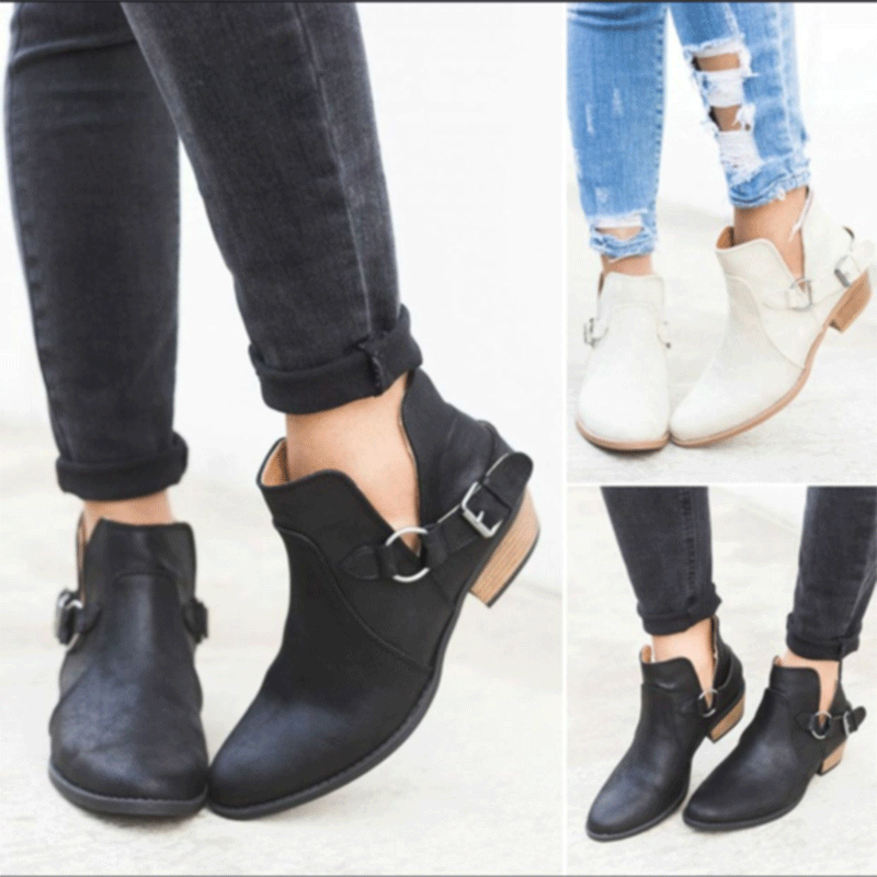 Women Point Toe Belt Buckle Chunky Heel Boots