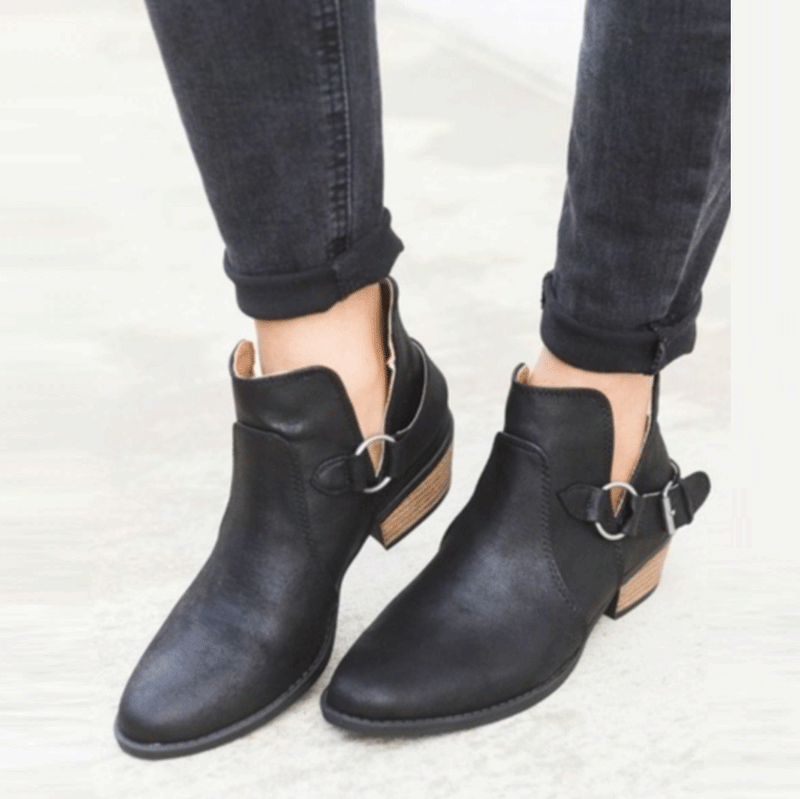 Women Point Toe Belt Buckle Chunky Heel Boots