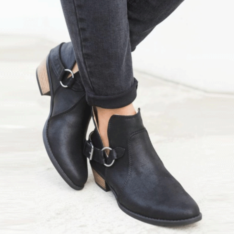 Women Point Toe Belt Buckle Chunky Heel Boots