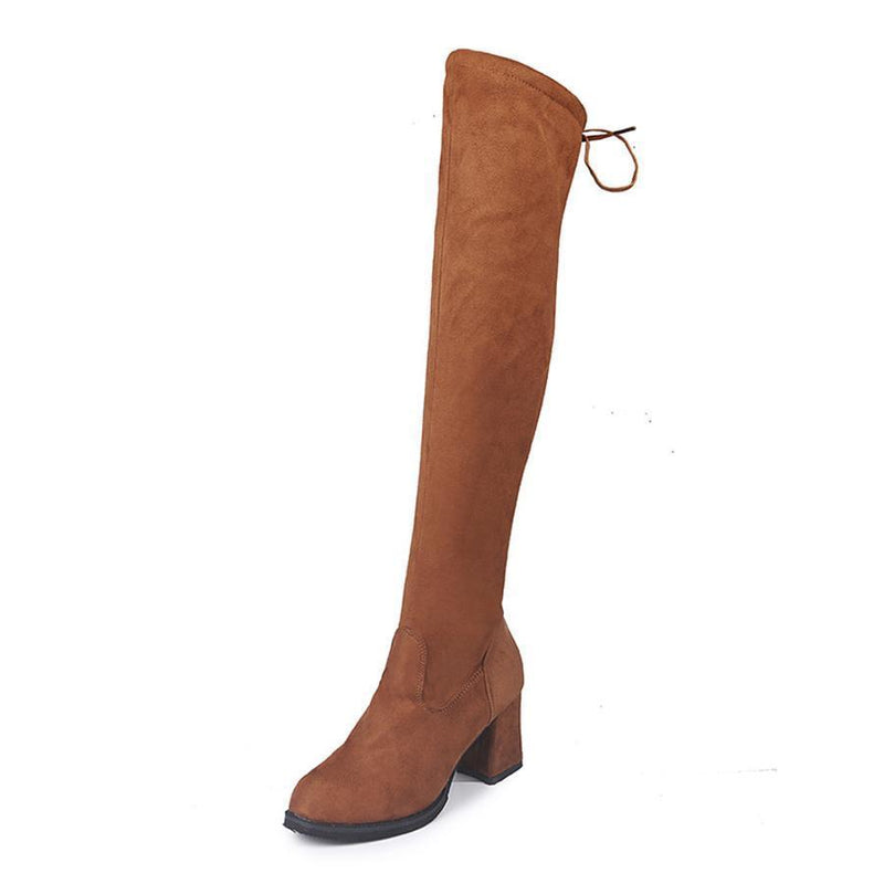 Plain  Chunky  High Heeled  Velvet  Round Toe  Date Outdoor  Thigh High High Heels Boots