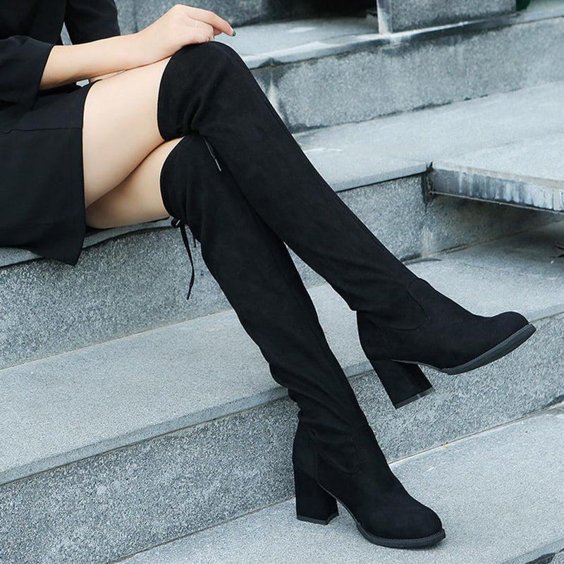 Plain  Chunky  High Heeled  Velvet  Round Toe  Date Outdoor  Thigh High High Heels Boots