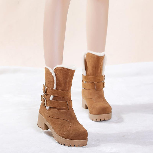 Fashion Belt Buckle Square Low Heel Snow Boots