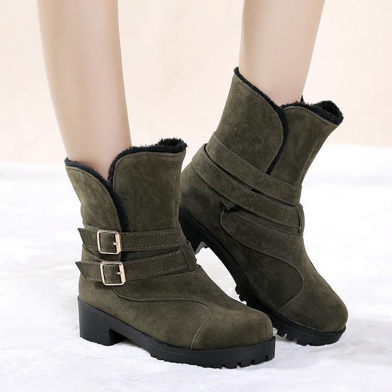 Fashion Belt Buckle Square Low Heel Snow Boots