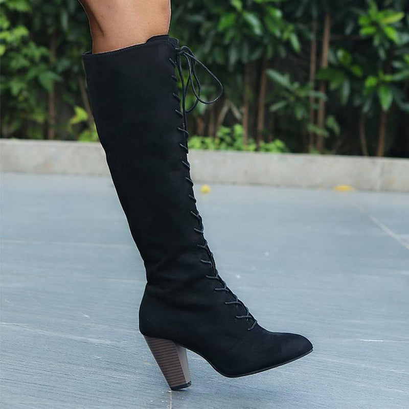 Plain  Chunky  High Heeled  Velvet  Point Toe  Date Outdoor  Knee High High Heels Boots