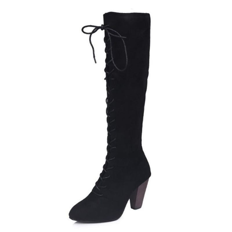 Plain  Chunky  High Heeled  Velvet  Point Toe  Date Outdoor  Knee High High Heels Boots