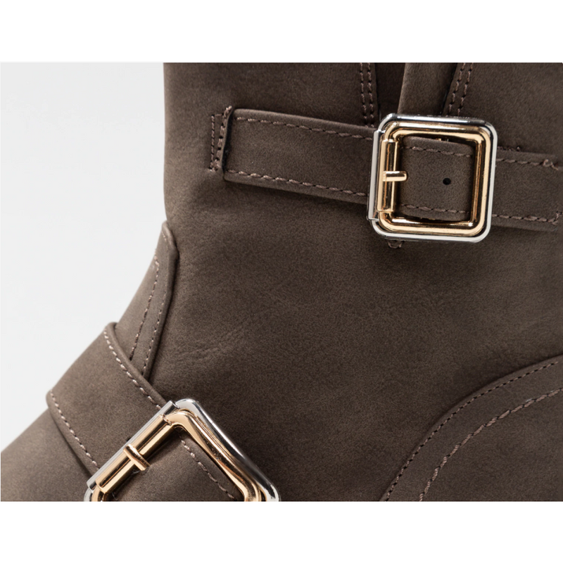 Fashion Women Leather Belt Buckle Middle Height Heel Short Boots