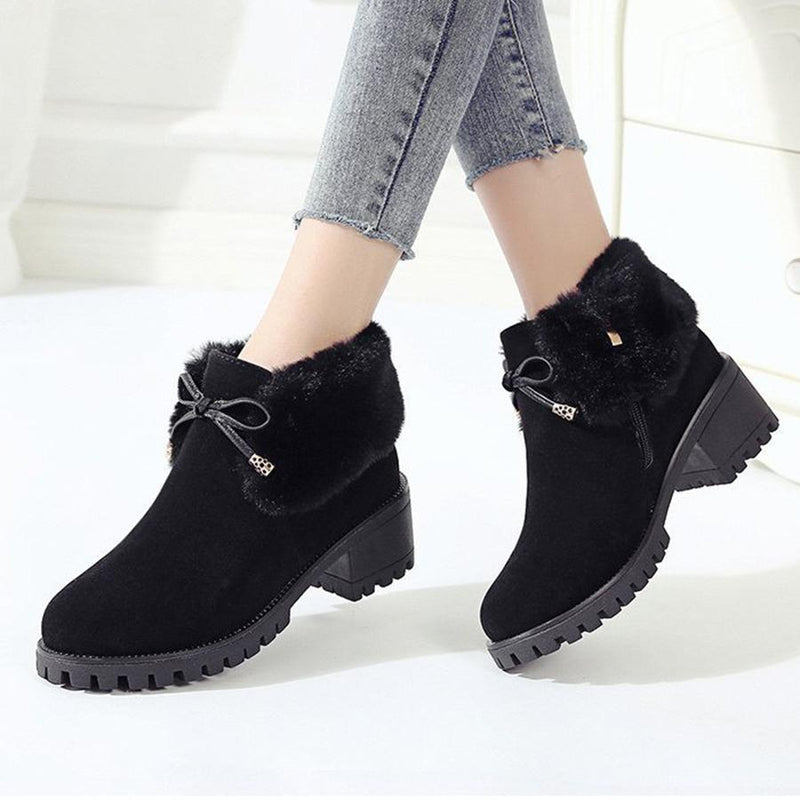 Plain  Chunky  High Heeled  Velvet  Round Toe  Date Outdoor  Short High Heels Boots