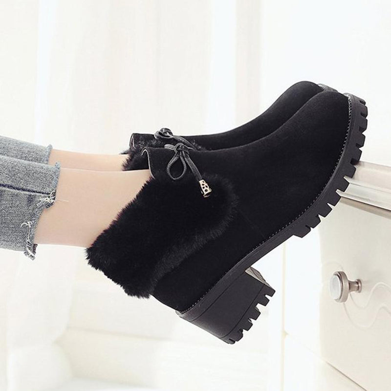 Plain  Chunky  High Heeled  Velvet  Round Toe  Date Outdoor  Short High Heels Boots