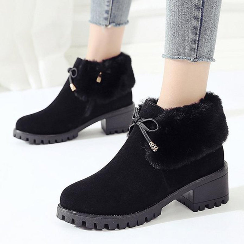 Plain  Chunky  High Heeled  Velvet  Round Toe  Date Outdoor  Short High Heels Boots