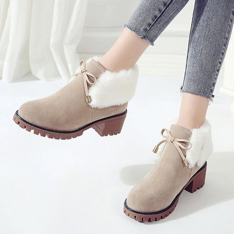 Plain  Chunky  High Heeled  Velvet  Round Toe  Date Outdoor  Short High Heels Boots