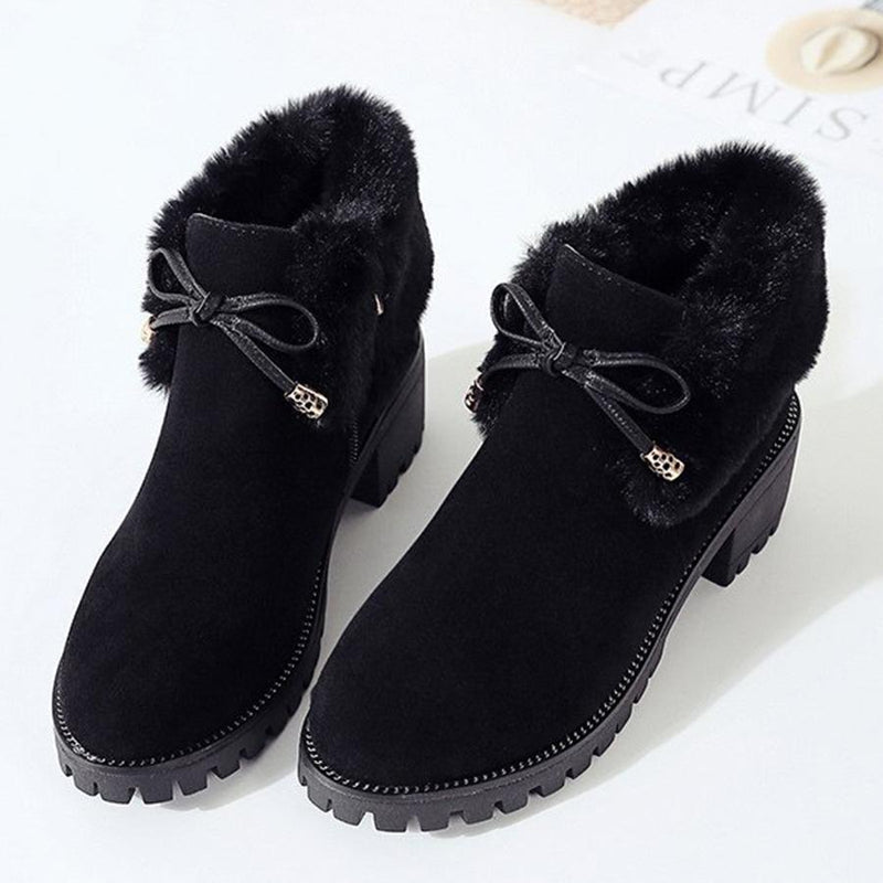 Plain  Chunky  High Heeled  Velvet  Round Toe  Date Outdoor  Short High Heels Boots