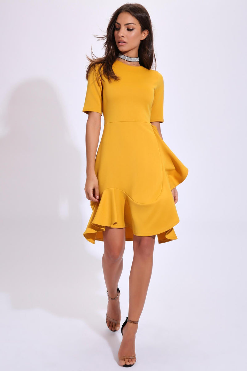 Mustard Short Sleeved Ruffle Hem Dress