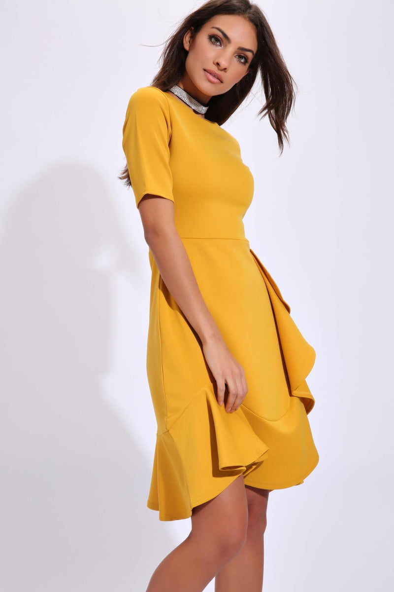 Mustard Short Sleeved Ruffle Hem Dress