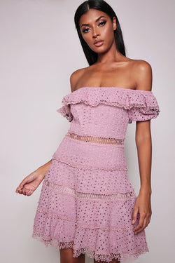 Mauve Broderie Anglais Off The Shoulder Skater Dress