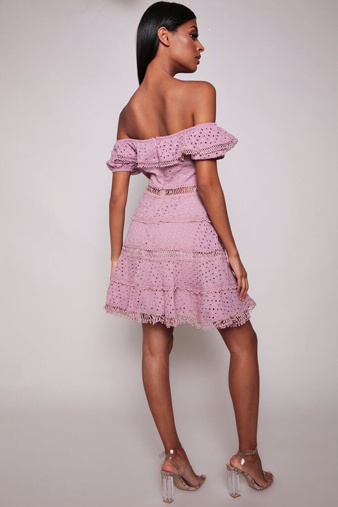 Mauve Broderie Anglais Off The Shoulder Skater Dress