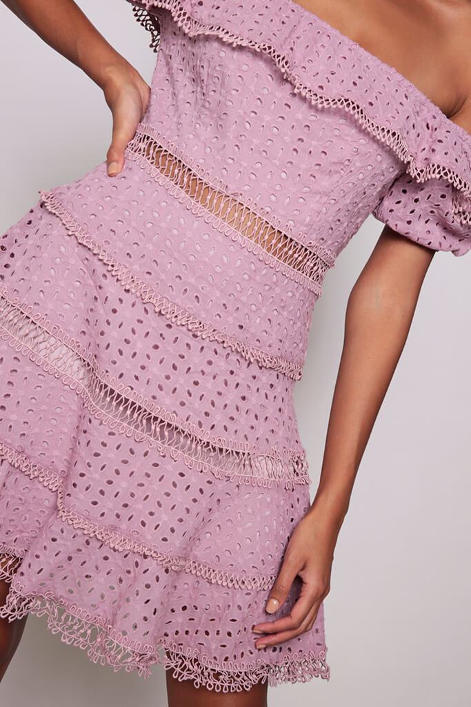 Mauve Broderie Anglais Off The Shoulder Skater Dress