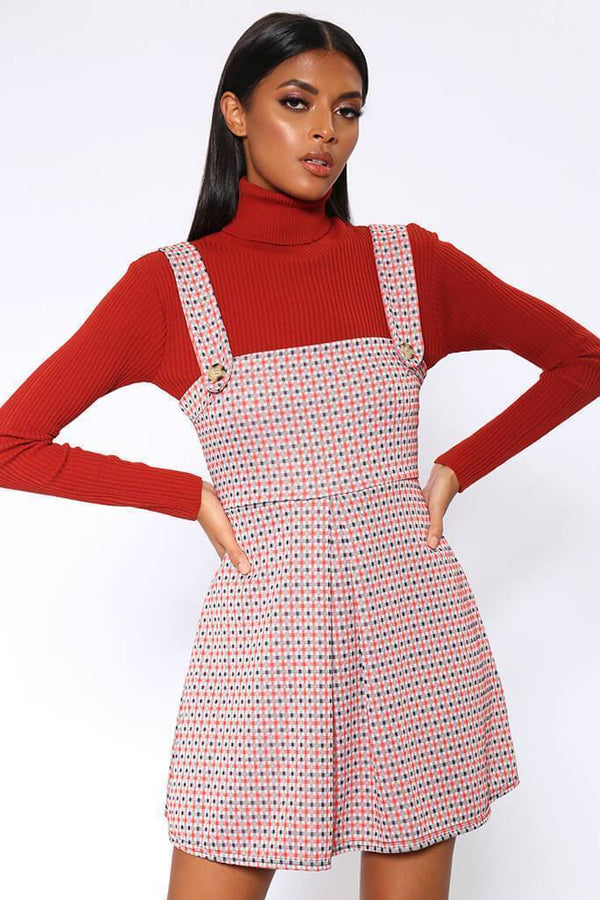 Red Button Front Pinafore Mini Dress