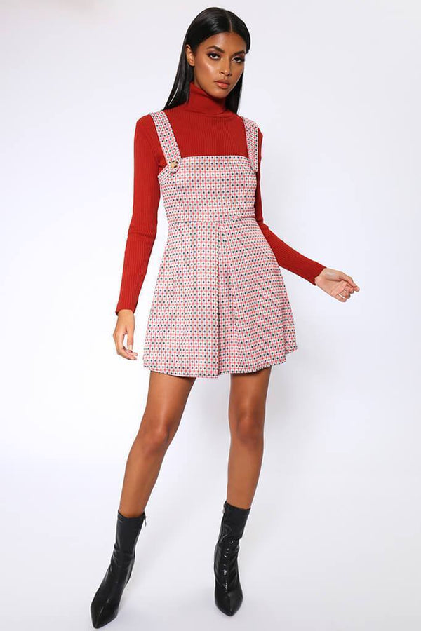 Red Button Front Pinafore Mini Dress