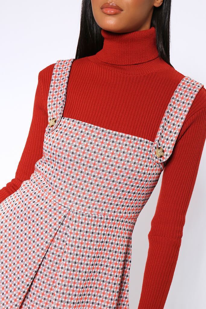 Red Button Front Pinafore Mini Dress