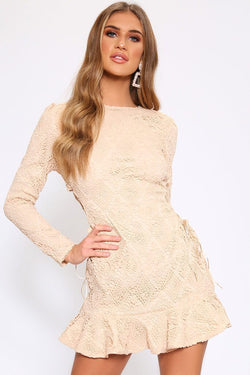 Nude Crochet Lace Up Side Mini Dress With Frill Hem